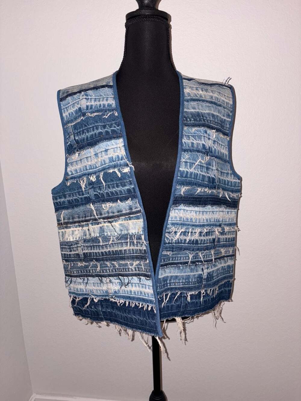 Handmade Vintage Upcycled Denim Patchwork Quilted Vest Frayed Edges
